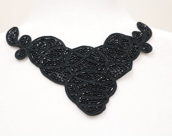 Black beaded sequin sew on collar, Swirls collar applique bib, beaded collar necklace. DIY beaded collar, collar choker