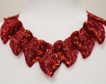 Red sequin beaded sew on collar, red heart collar applique bib, beaded collar necklace. DIY beaded collar, collar choker