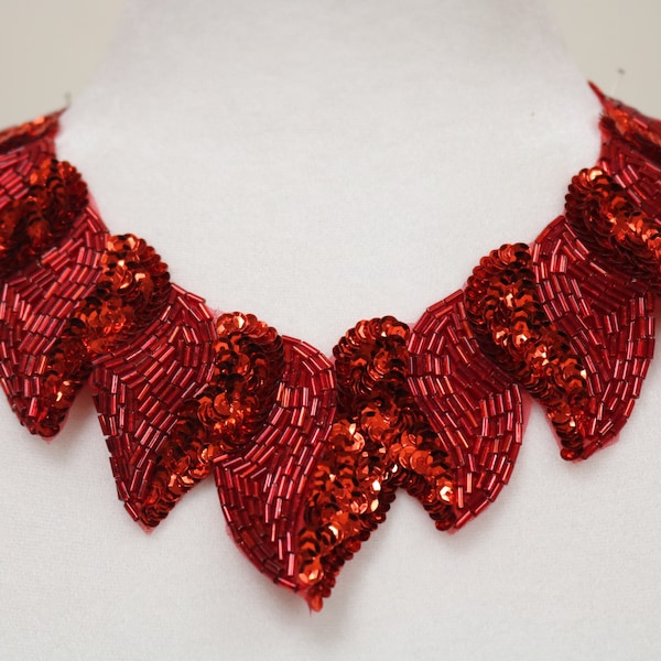 Red sequin beaded sew on collar, red heart collar applique bib, beaded collar necklace. DIY beaded collar, collar choker