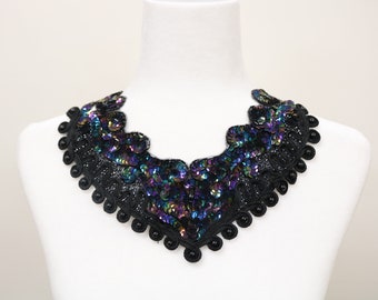 Black blue iridescent sequin sew on collar, collar applique bib, beaded collar necklace. DIY beaded collar, collar choker