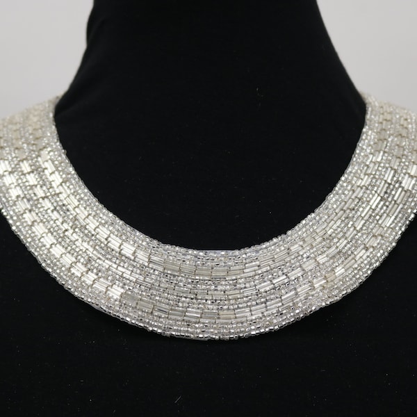 Vintage clear beaded sew-on collar, bridal collar neckline applique bib, collar necklace. DIY beaded collar, bodice applique