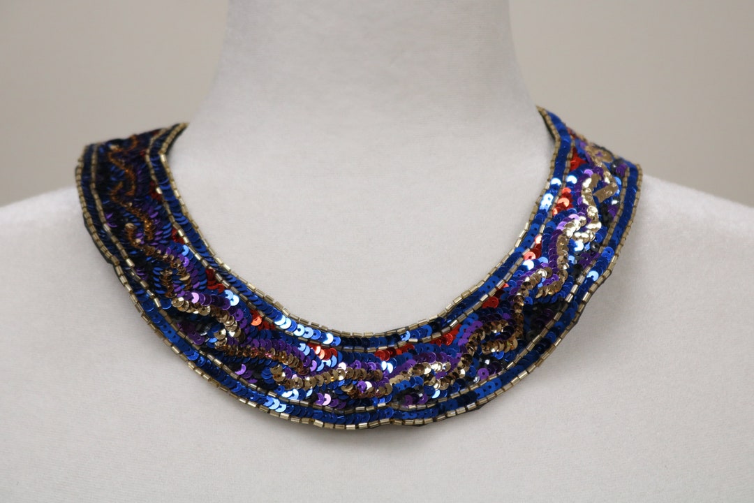 Vintage Blue Purple Gold Sequin Sew on Applique Collar Multi Etsy