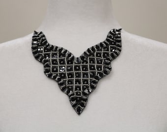 Black silver sequin sew on collar, collar applique bib, beaded collar necklace. DIY beaded collar, collar choker- 121