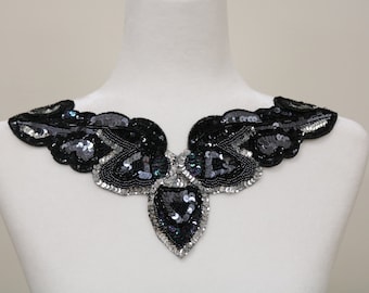 Black navy sequin sew on collar,  Art deco collar bib, beaded collar necklace. DIY beaded collar, collar choker- 121