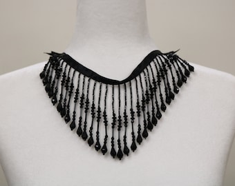 Black fringe beaded sew on collar, collar applique bib, fringes beaded collar necklace. DIY beaded collar, collar choker