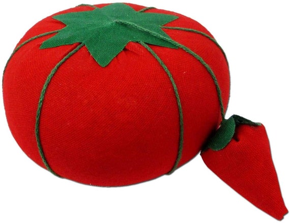 vintage red tomato pin cushion sewing needle holder fabric