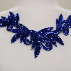 Royal blue sequin sew on collar applique, sequin beaded collar bib, sequin beaded bodice applique, collar choker, leaves applique -B2