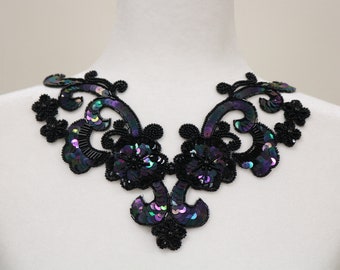 Black beaded iridescent sequin sew on collar, flower collar applique bib, beaded collar necklace. DIY beaded collar, collar choker