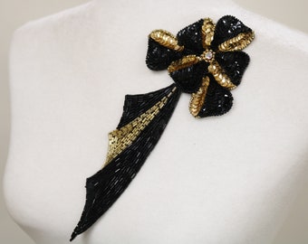 Black gold flower sew on applique, bodice applique, flower applique, DIY beaded collar, sequin applique