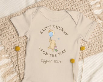 Winnie the Pooh Organic cotton baby onsie, Neutral Unisex Custom Baby Reveal Classic Pooh Bear, Baby on the way, Pregnancy announcement