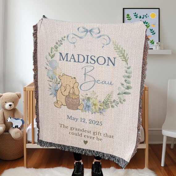 Custom Winnie the Pooh Woven Baby Blanket: 100% Cotton