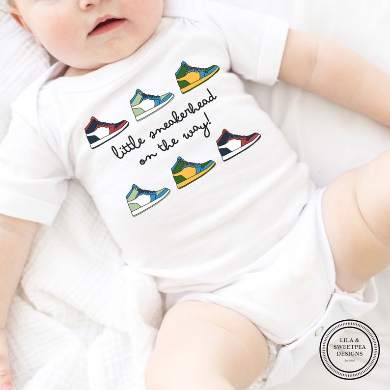 Future sneakerhead on the way baby announcement onsie, Sneakerhead pregnancy baby reveal, basketball Baby reveal Onsie, Sneakerhead Gift image 1