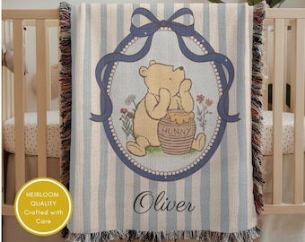Custom Winnie the Pooh woven baby blanket, Pooh Bear Baby Shower Gift, Classic Pooh Bear Gift, New Mom baby newborn gift, baby kids name
