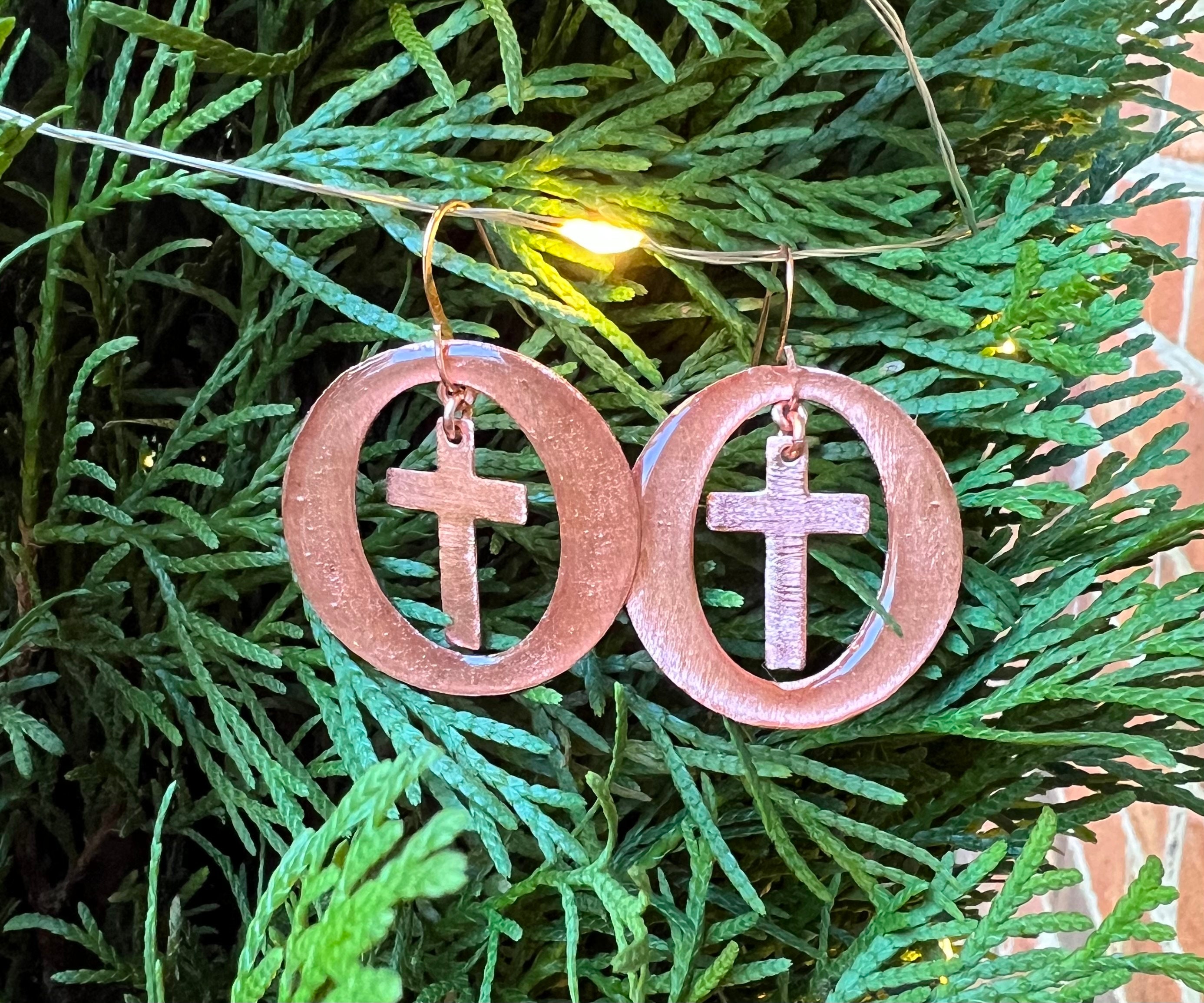 の Copper Hoop Oval Encircled Dangling Cross Upcycled Artisan