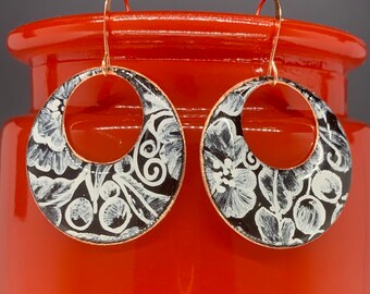Handcrafted Copper Hoop Earrings, Black and White Floral, Upcycled