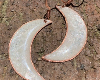 Hand-Painted Copper Crescent Moon Earrings, Upcycled Roofing Copper