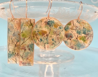 Hand Painted Copper Tree Earrings, Impressionist Style, Recycled Roofing Copper