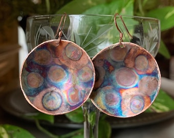 Flame Painted Copper One of a Kind Handmade Kettledrum Concave Upcycled Copper Earrings Artisan-made Gift for Mom, Mother’s Day
