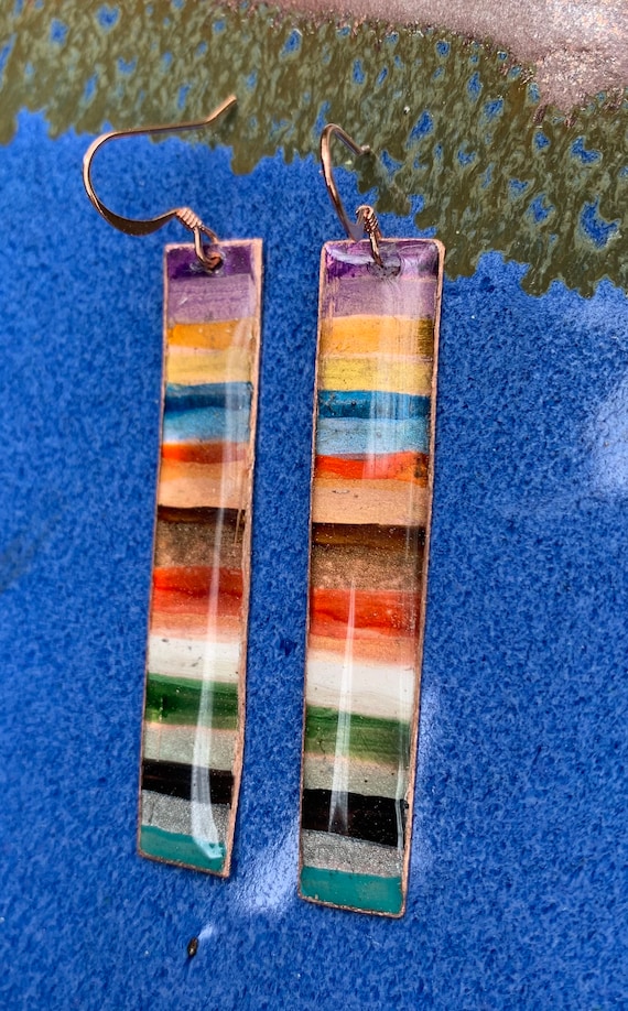 Copper Multicolor “Western Blanket” Earrings, Upcycled Artisanal Earrings Made From Old Copper One of a Kind Gift for Mom, Mother’s Day