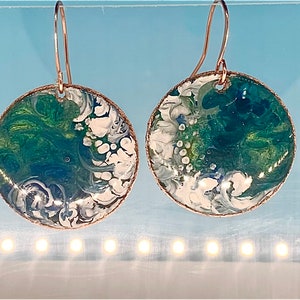 Copper Ocean Tidal Wave Handcrafted Upcycled Handpainted Copper Earrings, Artisan Made from Old Copper Roofing