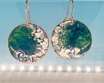 Handpainted Copper Ocean Wave Earrings, Upcycled Artisan Jewelry