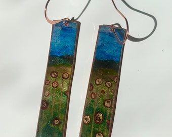 Hand Painted Copper Poppy Earrings, Recycled Roofing Copper