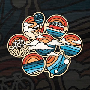 Adesivi Wanderlust, decalcomania opaca resistente all'acqua, accessori per laptop con tema tramonto in camper retrò, regalo di viaggio per amanti della natura, regalo di Natale per la calza della Befana
