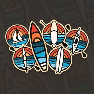 On The Water Stickers, Matte Water-resistant Decal, Paddleboard Laptop Accessories, Retro Kayak, Surf SUP Gift, Surfboard Stocking Fillers
