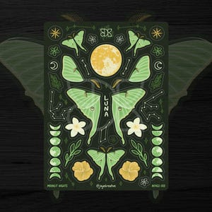 SECONDS SALE, Luna Moth stickervel, mat waterbestendig, Witchy Journal, plant laptopaccessoires, natuurliefhebber cadeau, kousvullers