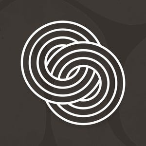 Peut inclure: Design blanc de cercles entrelacés sur fond gris foncé. Le motif présente plusieurs cercles concentriques, créant un effet visuel de nœud. Le fond a un aspect subtil et texturé.