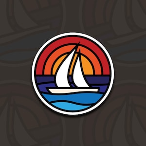Sailboat Sticker, Matte Water-resistant Decal, Retro Sunset Design, Yacht SUP Laptop Accessories, Nautical Sailing Gift, Stocking Fillers