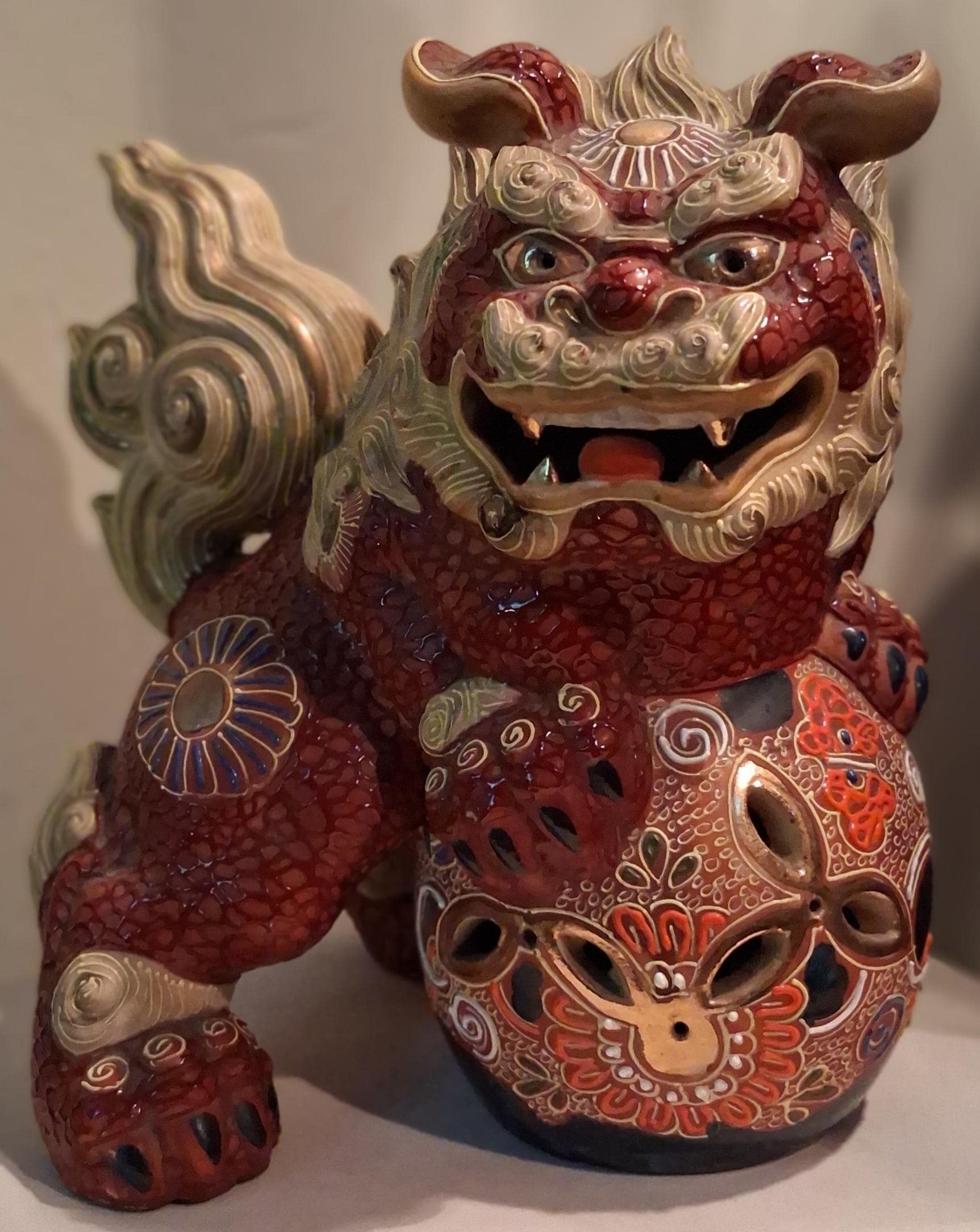 Vintage Japanese Kutani Ceramic ShiShi Temple Lion Foo Dog  Chinese Foo Dog vintage pottery  Gilded Kutani With BALL Chinese Guardian main image 1