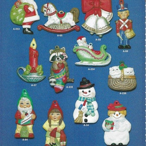 May include: A collection of 12 Christmas ornaments featuring various holiday themes. The ornaments are made of ceramic and feature a variety of colors and designs, including Santa Claus, a rocking horse, a snowman, a raccoon, a gnome, a girl, a candle, a sleigh, a basket, and a bell. The ornaments are all approximately 3 inches in size.
