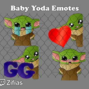 May include: Four different animated emotes featuring Baby Yoda from the Star Wars series. The emotes are set against a gray chain link fence background. The emotes include Baby Yoda crying, Baby Yoda holding a red heart, Baby Yoda with a GG text overlay, and Baby Yoda with a blushing expression.