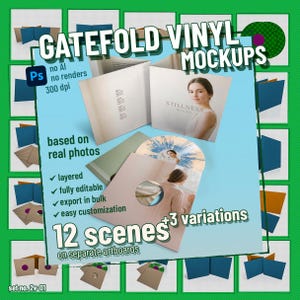Peut inclure: Un affichage de produit numérique pour des maquettes de vinyle gatefold présentant 12 scènes sur des plans de travail séparés. Le graphique inclut du texte comme GATEFOLD VINYL MOCKUPS, no AI, 300 dpi, based on real photos, et 12 scenes +3 variations.