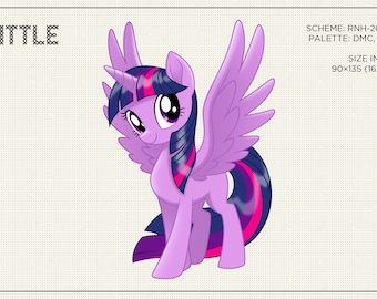 Op de afbeelding: Een paarse en roze eenhoorn met een blauwe manen en staart. De eenhoorn staat op een witte achtergrond met de tekst "MY LITTLE PONY" bovenaan. De afbeelding is een kruissteekpatroon.