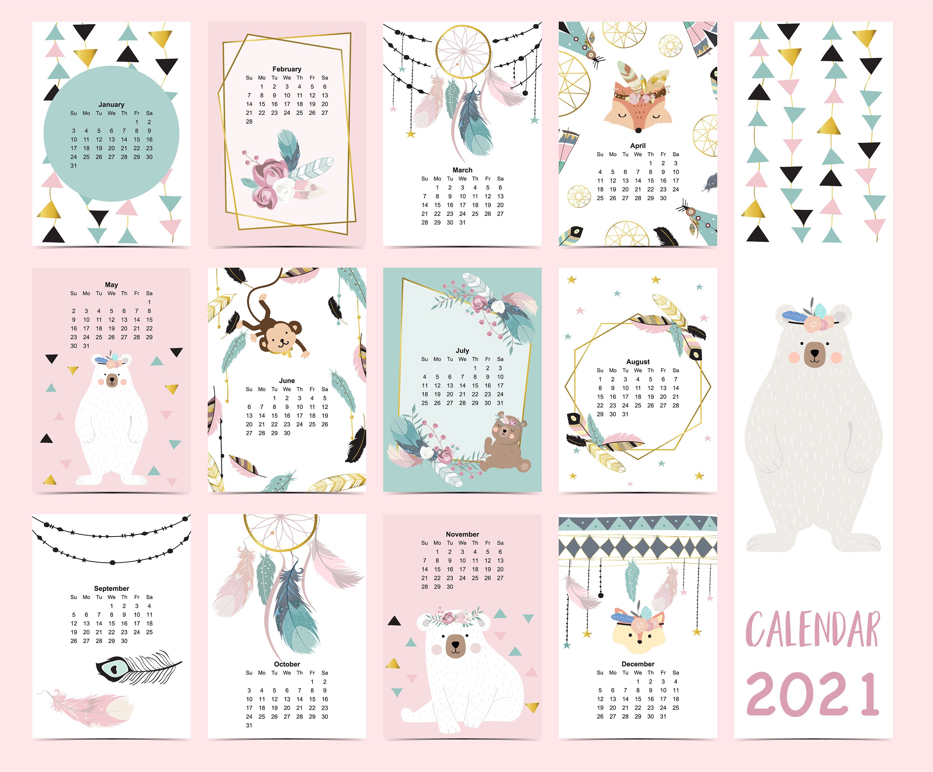 Doodle pastel boho calendar setwith feathergold Etsy
