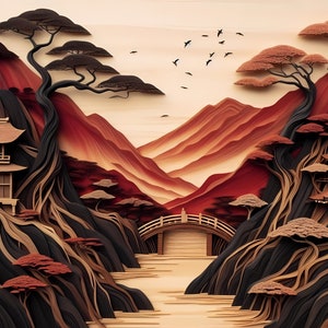 Abstract Japanese landscape, stunning wooden home and office deco art