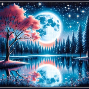 5D Diamond painting, with the theme of lake and tree