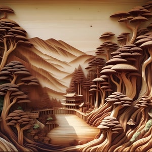 Wooden home decor art, abstract Japanese landscape