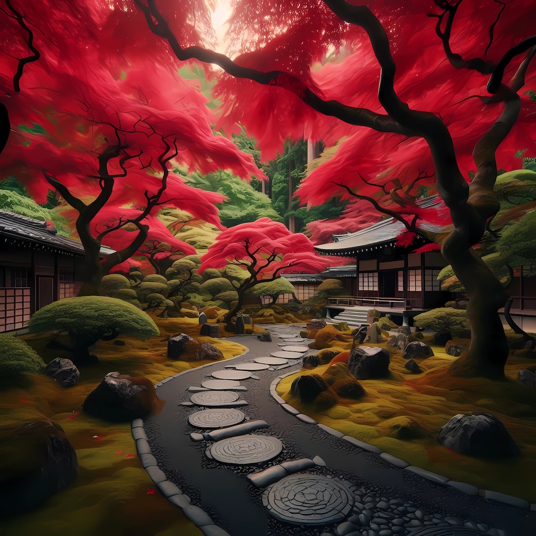 A Serene Japanese Garden With Red Maple Trees and Black Stone Pathways ...