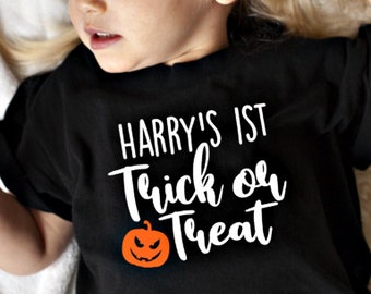 Kids 1st Trick Or Treat Halloween T Shirt Personalised Any Name Baby Toddler Mum Dad T Shirt Cotton Unisex Outfit Clothing Design October
