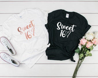 Sweet Sixteen 16 Heart Cotton Unisex T Shirt Tee Outfit Clothing Design Birthday Custom Print Sister Friend Best Friend Daughter Neice