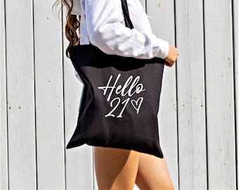 Personalizado Hola 21 Script Any Age Tote Bag Varios colores disponibles Regalo de cumpleaños Algodón Largo Mango de compras Mejor amigo Regalo cumpleaños