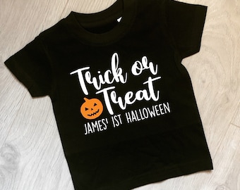 Kids Trick Or Treat Halloween T Shirt Personalised Any Name Baby Toddler Mum Dad T Shirt Cotton Unisex Outfit Clothing Design October