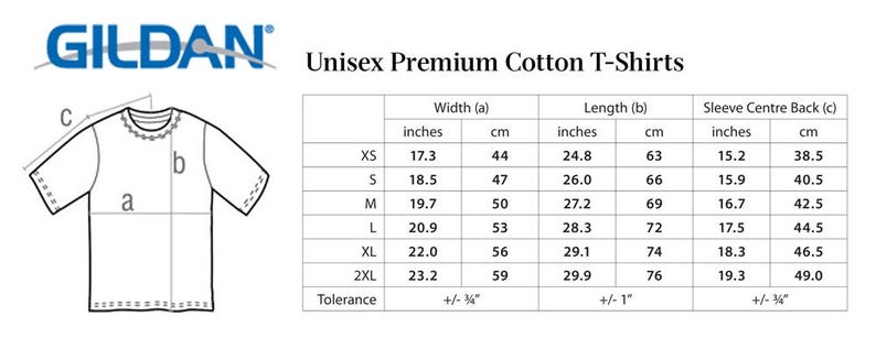 May include: White t-shirt with a diagram showing measurements in inches and centimeters. The text "GILDAN" is in blue. The text "Unisex Premium Cotton T-Shirts" is also present.