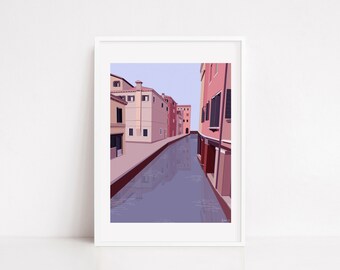 Venice Travel Print/Italy Poster/Italian Wall Art/Cityscape Print/Pink Venice Illustration/Grand Canal/Gondola Poster/Italy Art