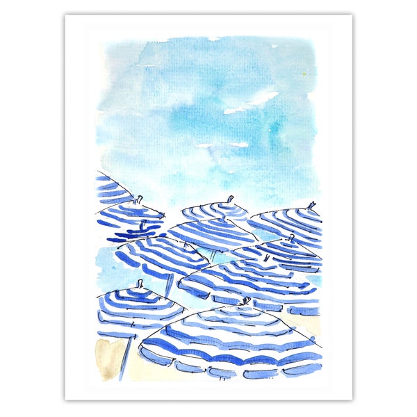 Print: Umbrellas on the beaches of. Nice, France; watercolor