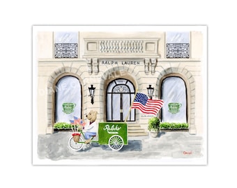 Print: Ralph's Coffee, NYC, Patriotic, Watercolor