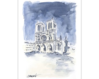 Op de afbeelding: Een aquarel van de Notre Dame kathedraal in Parijs, Frankrijk. De kathedraal is afgebeeld in tinten blauw en grijs tegen een bewolkte lucht.